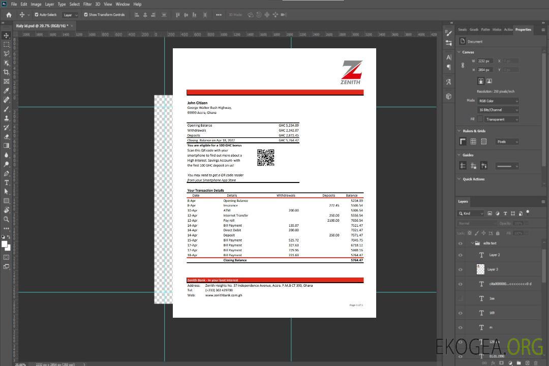 Relevé bancaire du Ghana Zenith template
